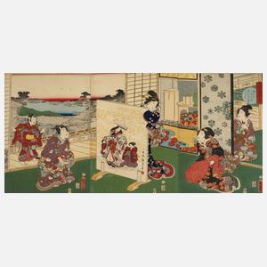 Dreiteiliger Farbholzschnitt Utagawa Kunisada II.