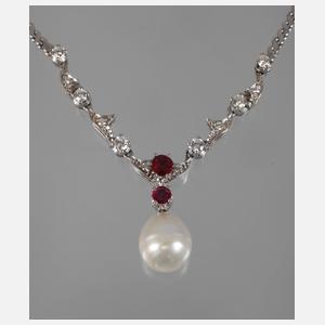 Collier mit Brillanten, Rubinen und Perle