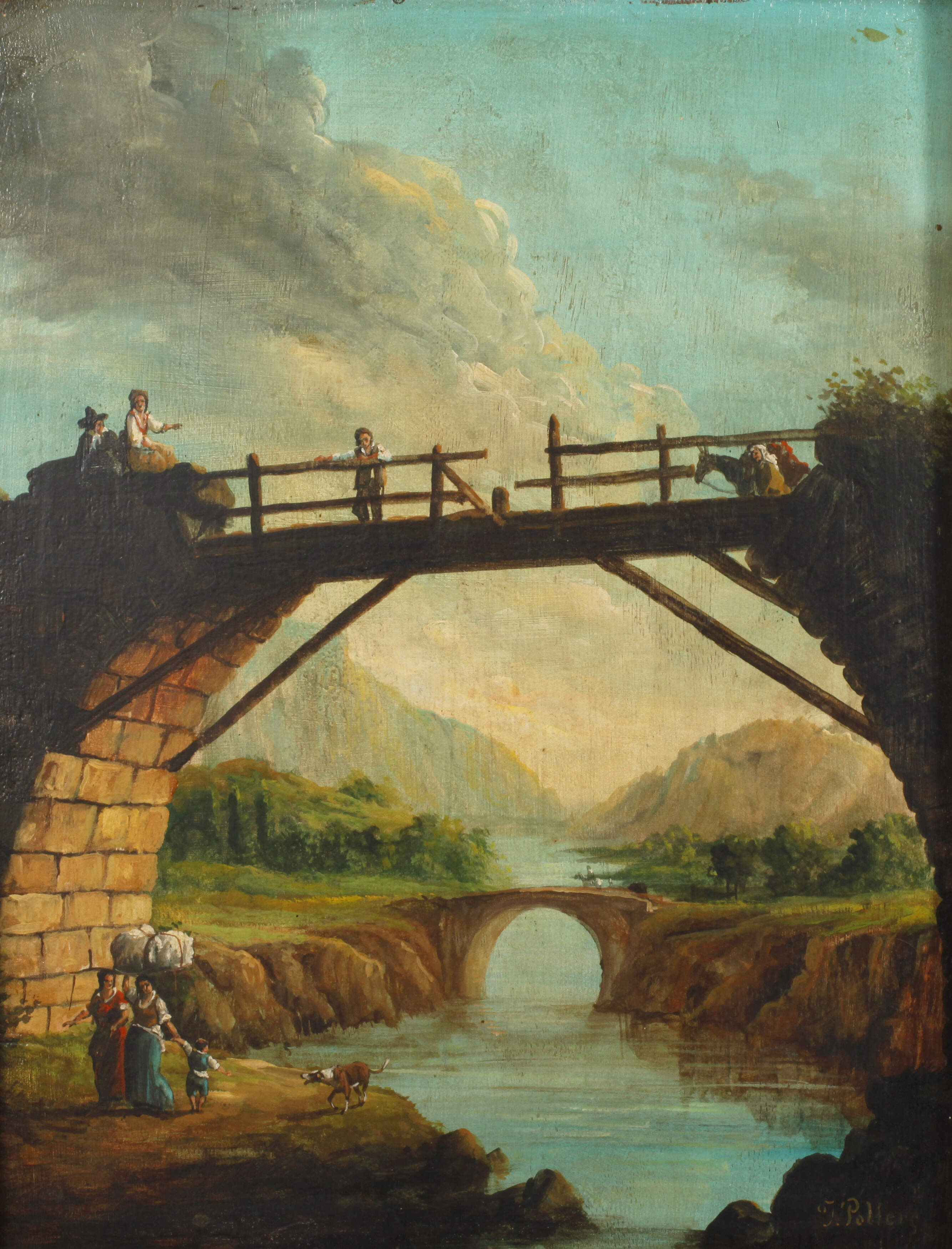 F. Polters, ruinierte Brücke am Fluss