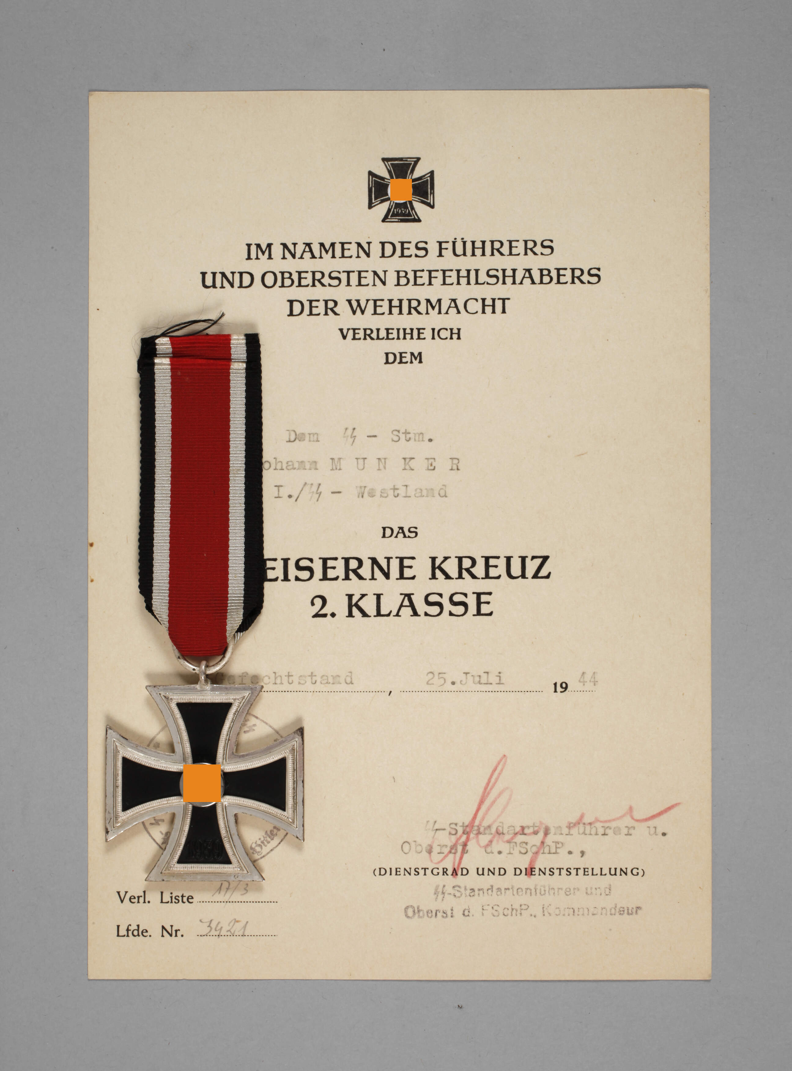 Eisernes Kreuz 2. Klasse mit Urkunde