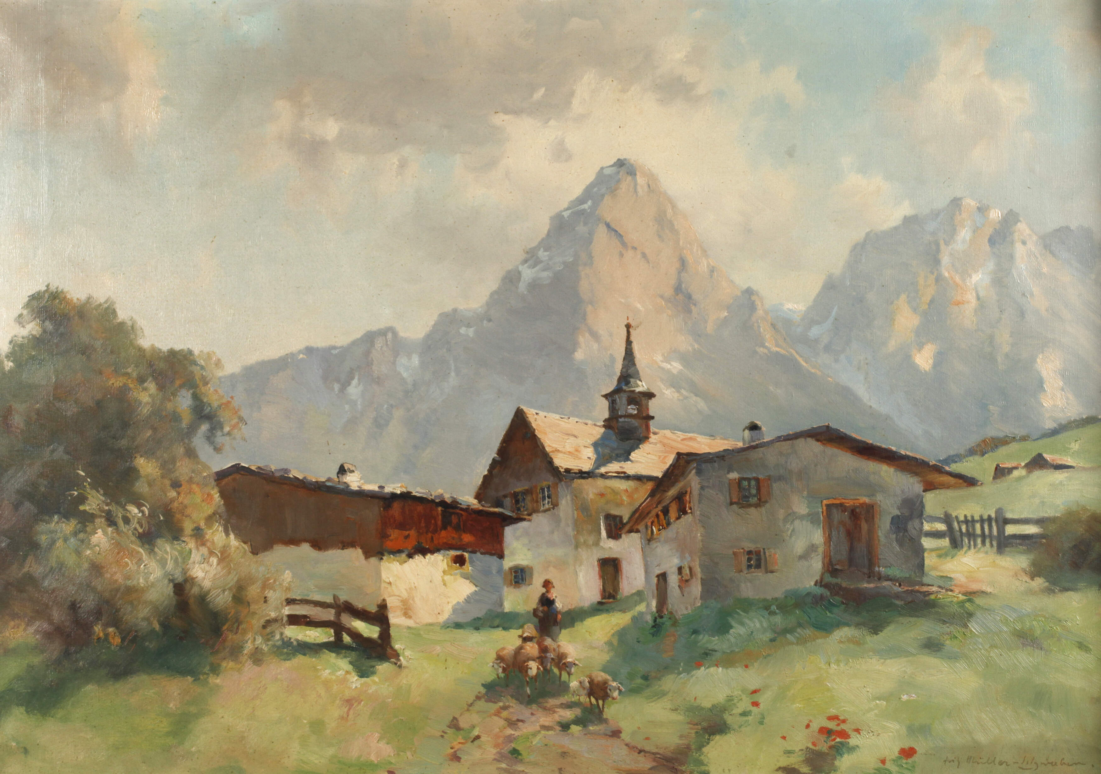 Fritz Müller-Schwaben, Sonnenspitze mit Bergdorf in Tirol