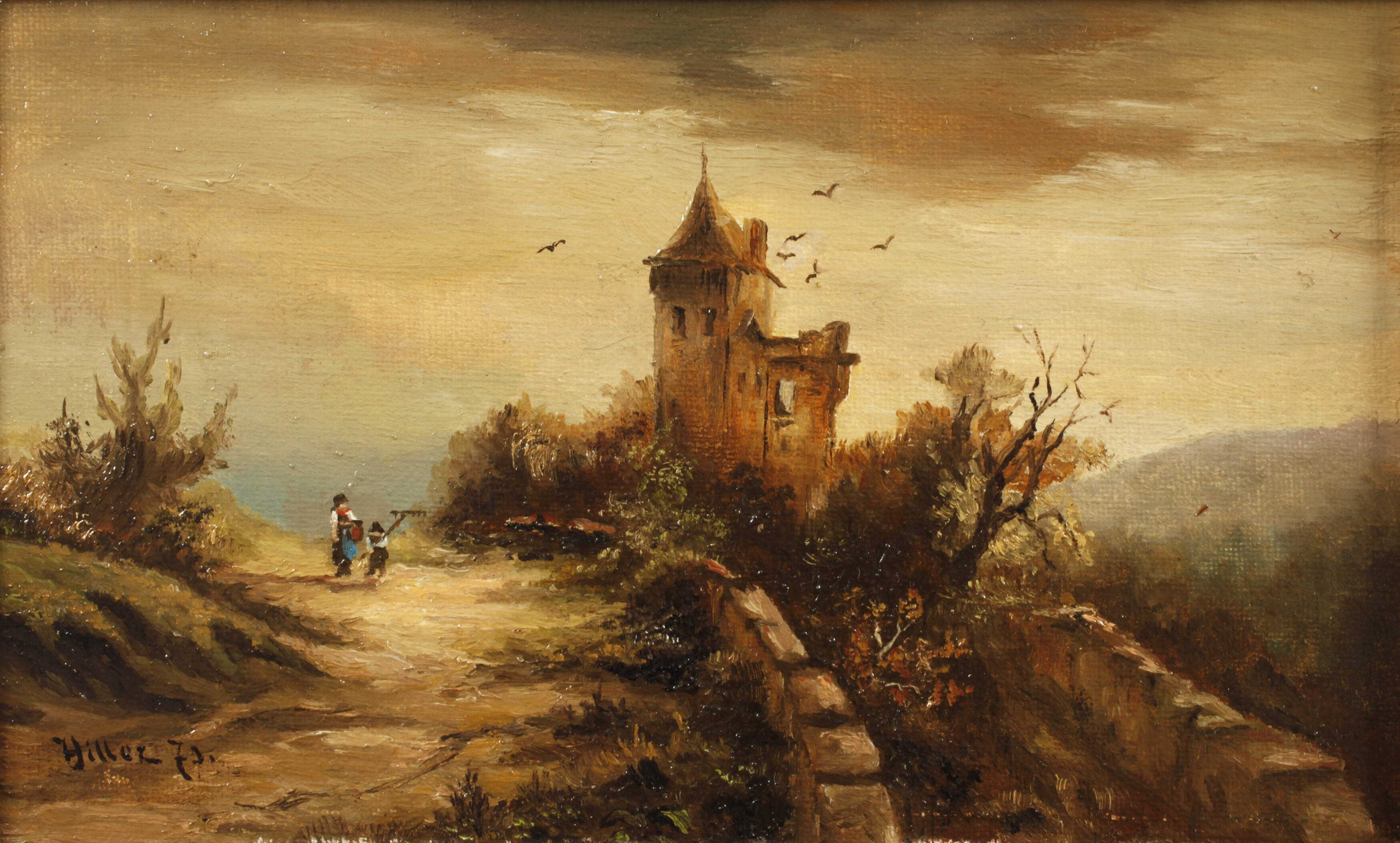 Heinrich Hiller, romantische Landschaft mit Turm