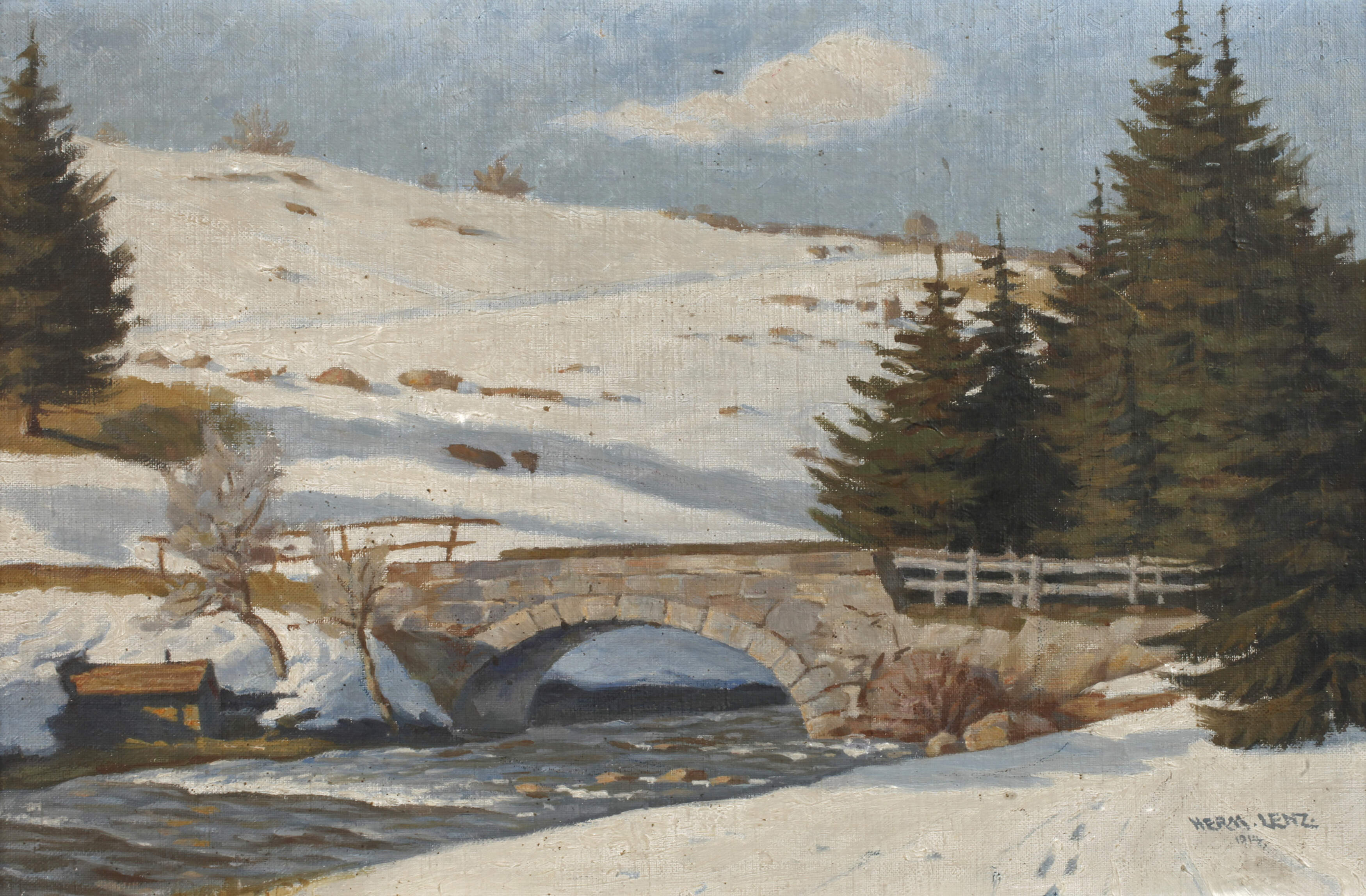 Hermann Lenz, Brücke in Winterlandschaft