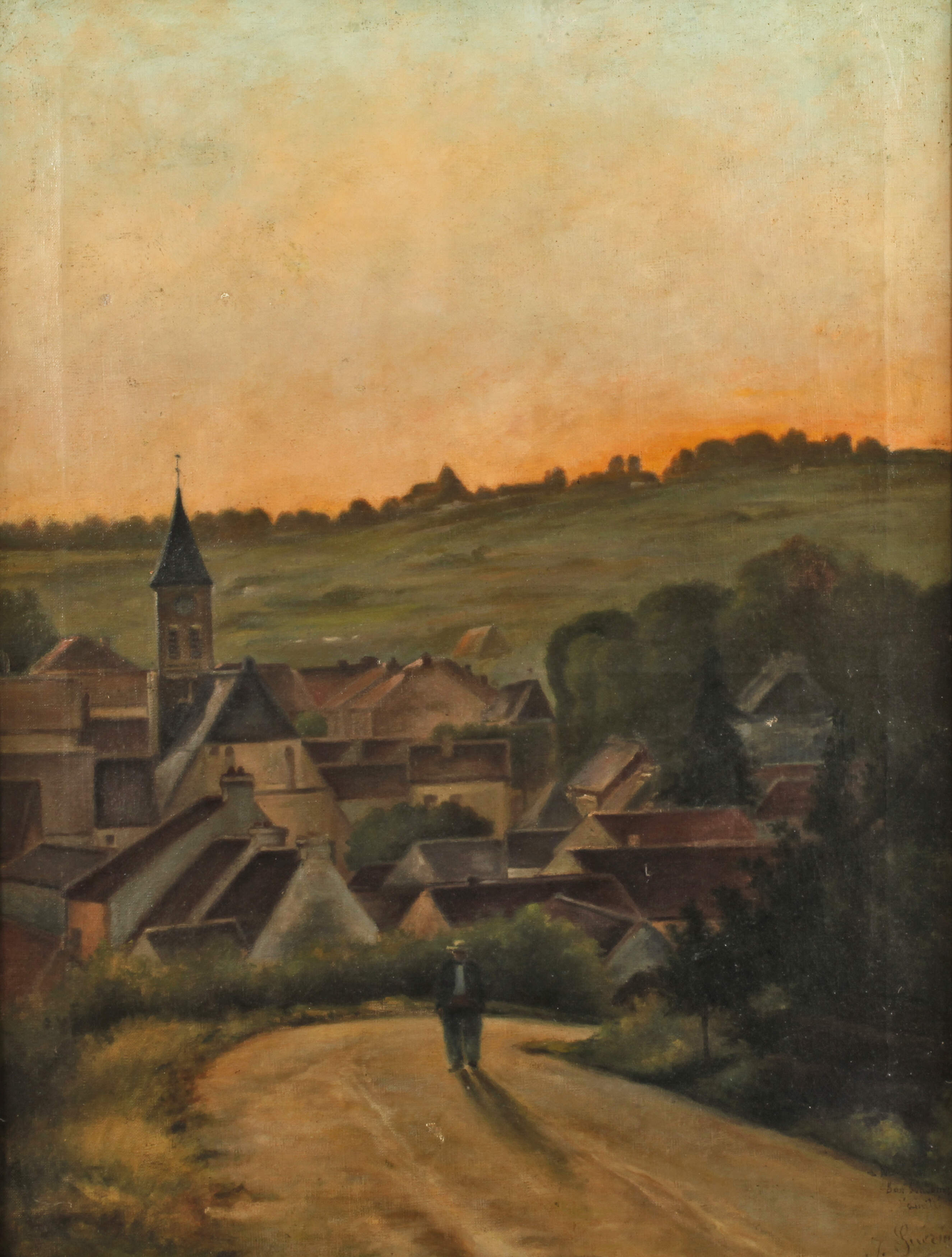 Jules Guérin, Wanderer vor dörflicher Abendkulisse